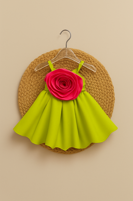 Lime Green Party Frock with Bold Rose Applique