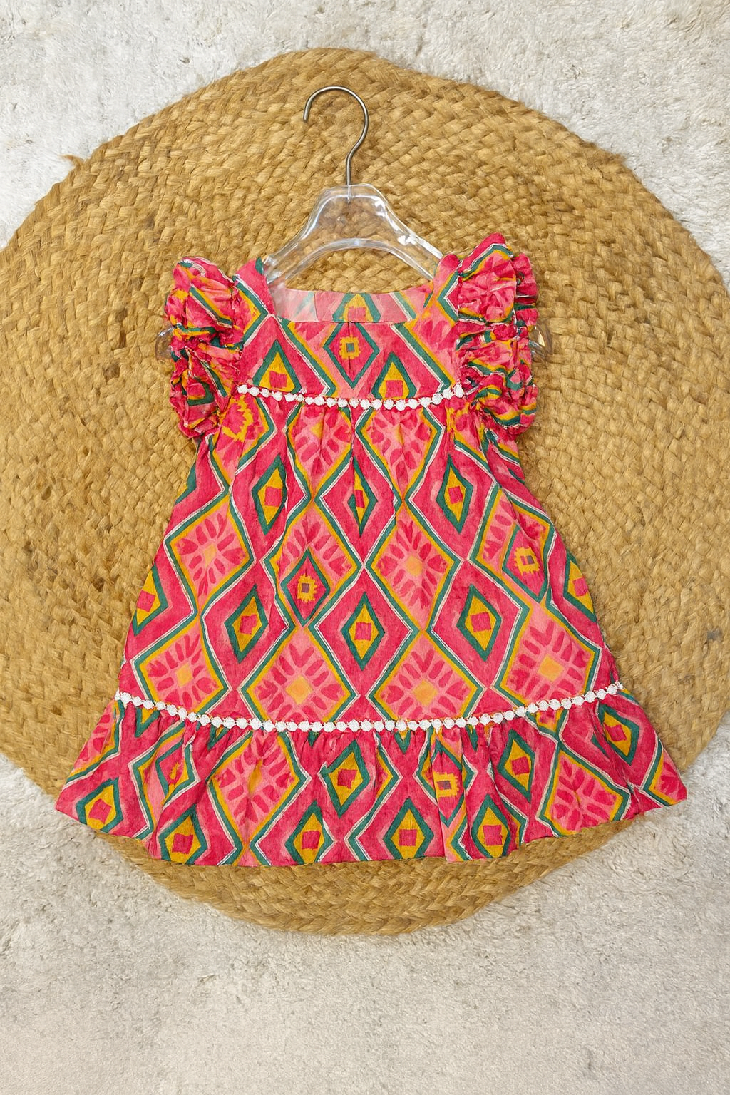 Vibrant pink geometric printed cotton frock