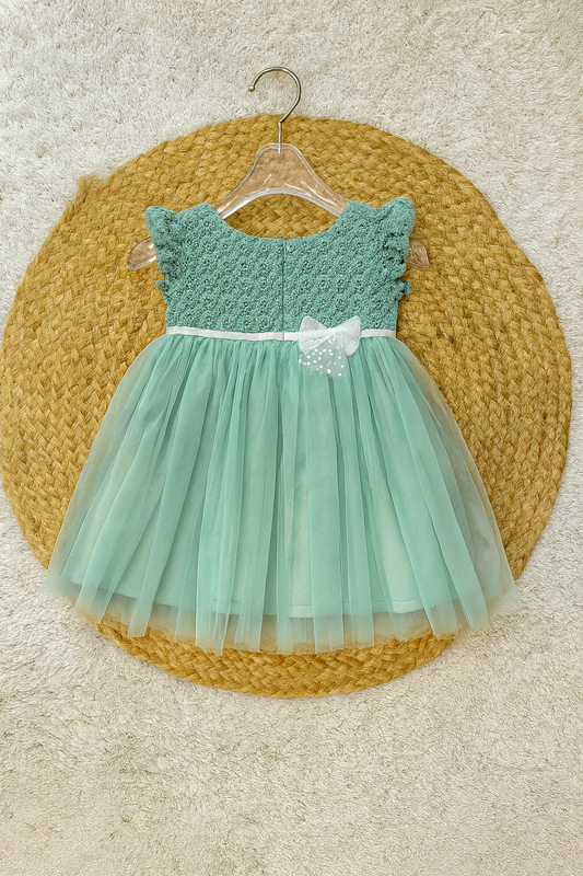 Elegant mint green net frock with lace bodice