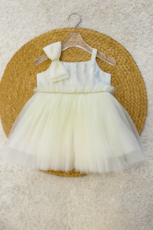 Elegant shimmer party frock with big bow detail