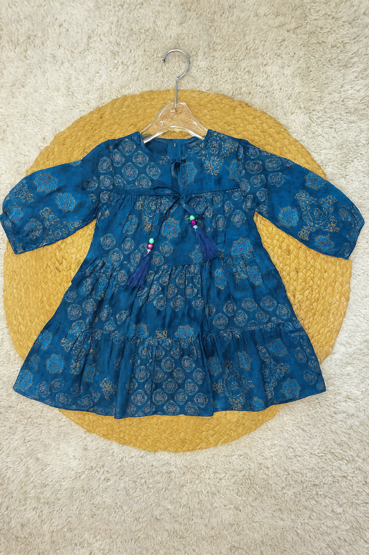 Blue Printed Tiered Ethnic Dress with Tassels