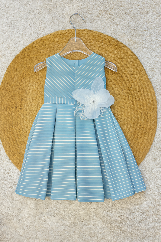 Sky Blue Striped Party Frock with Big Flower Bow