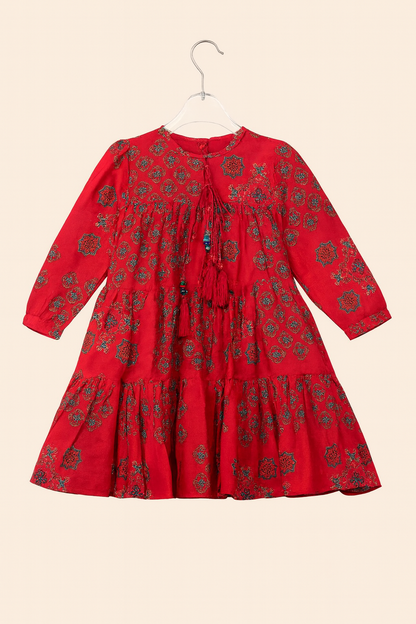 Red Printed Tiered Ethnic Dress with Tassels