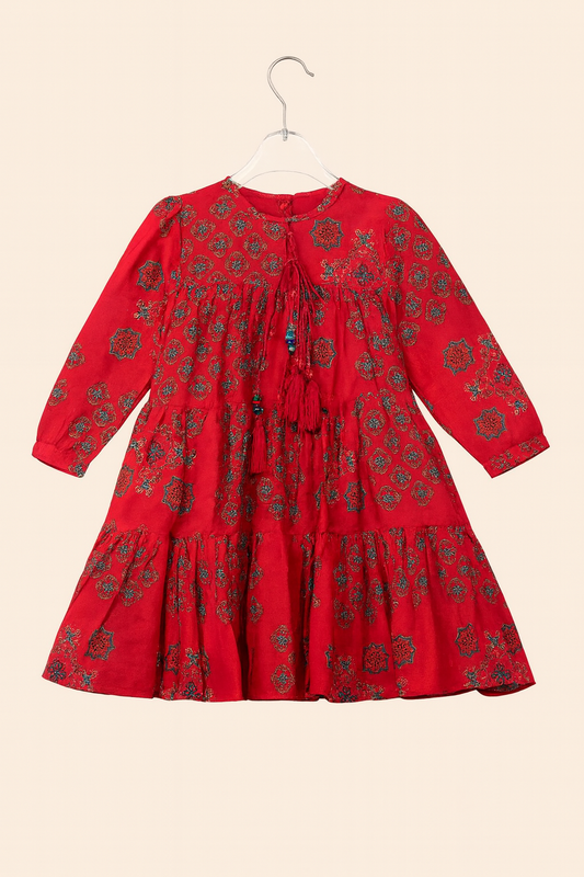 Red Printed Tiered Ethnic Dress with Tassels