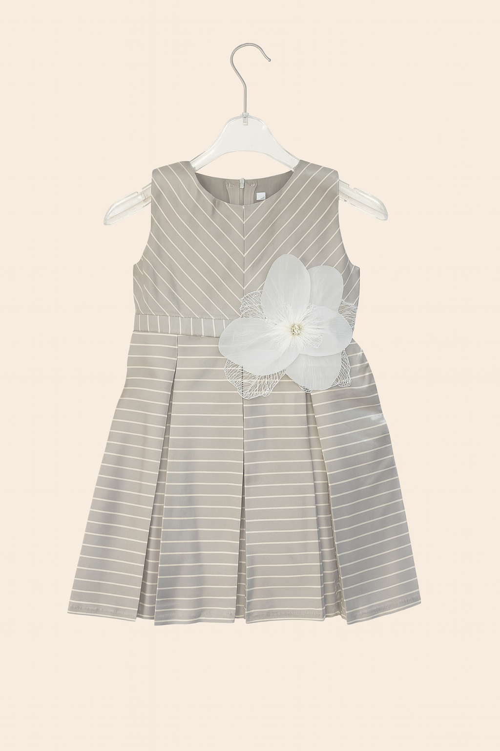 Grey Striped Party Frock with Big Flower Bow
