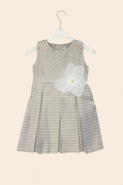 Grey Striped Party Frock with Big Flower Bow