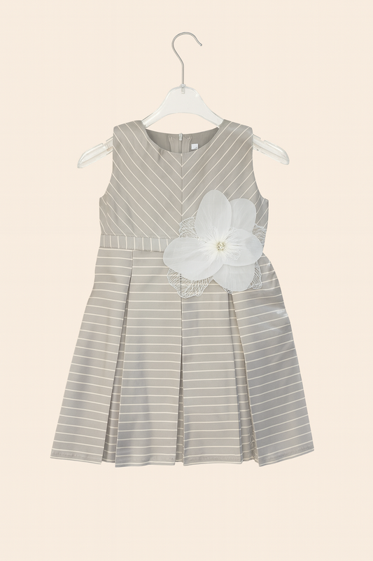 Grey Striped Party Frock with Big Flower Bow