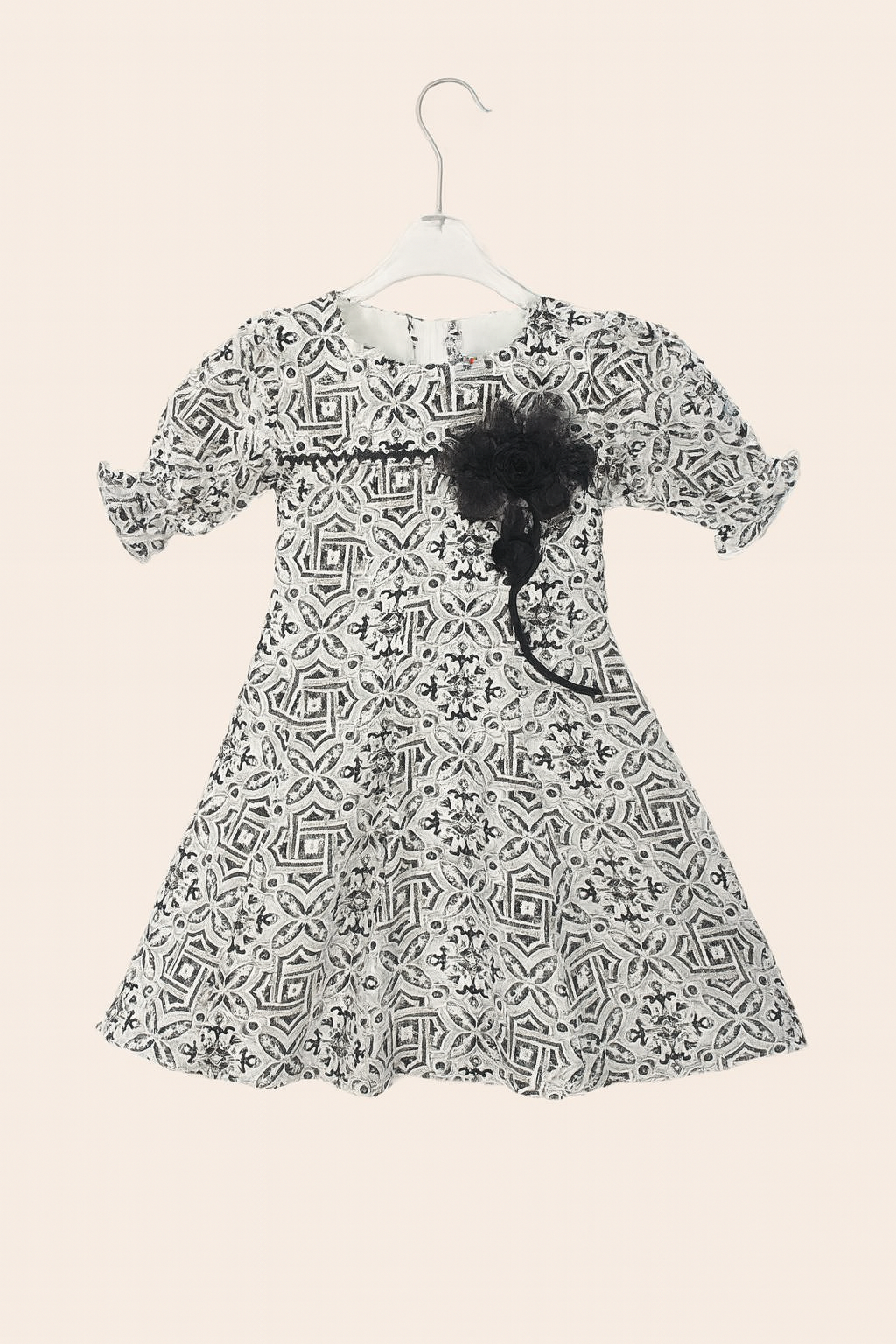 Black & White Baroque Print Frock with Floral Brooch