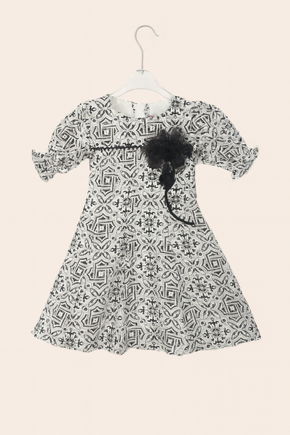 Black & White Baroque Print Frock with Floral Brooch