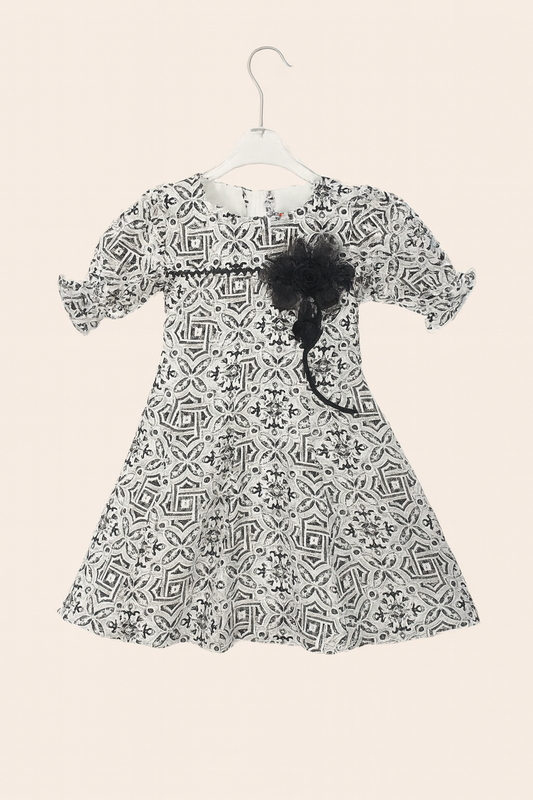 Black & White Baroque Print Frock with Floral Brooch