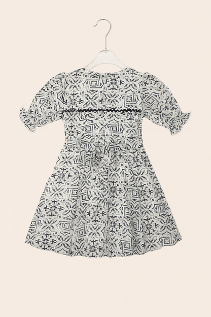 Black & White Baroque Print Frock with Floral Brooch