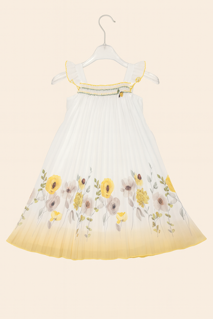 White Floral Pleated Frock with Yellow Ombre Finish