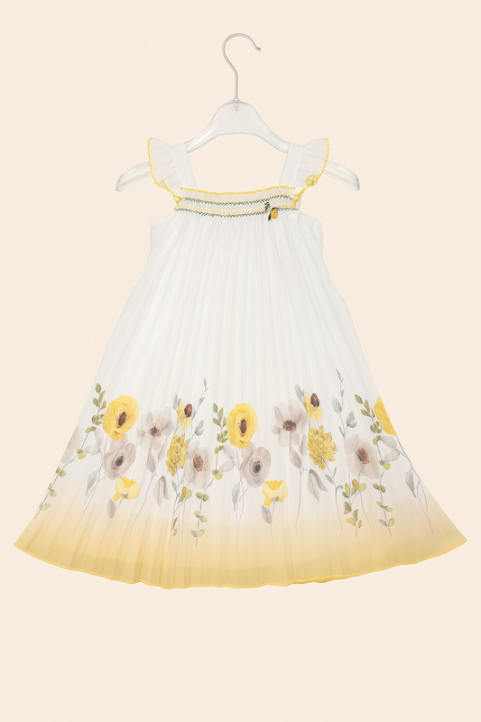 White Floral Pleated Frock with Yellow Ombre Finish