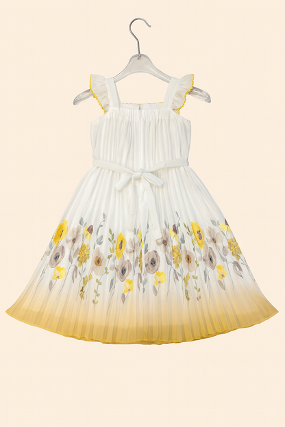 White Floral Pleated Frock with Yellow Ombre Finish