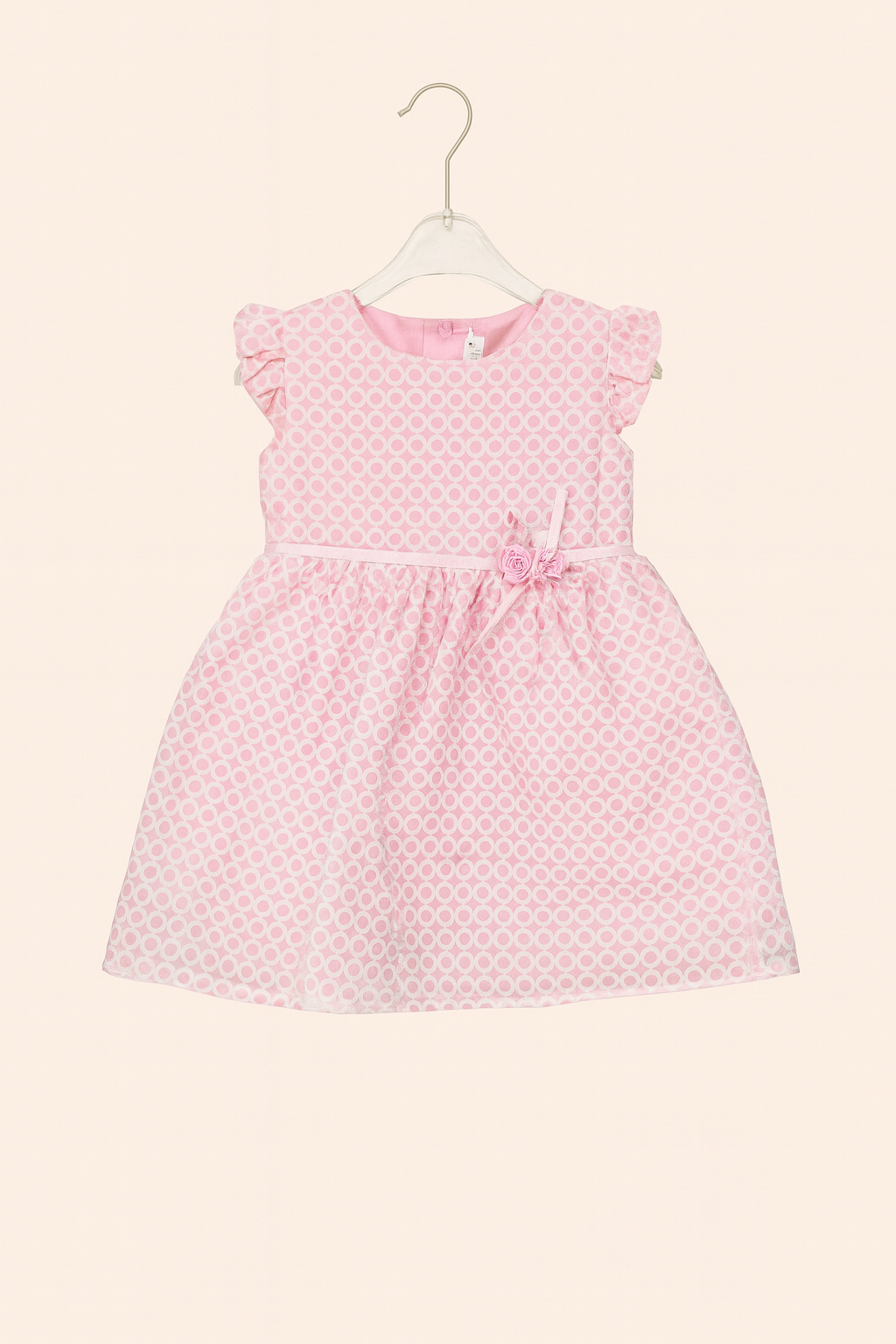 Light Pink Circle Print Casual Frock with Floral Bow Detail