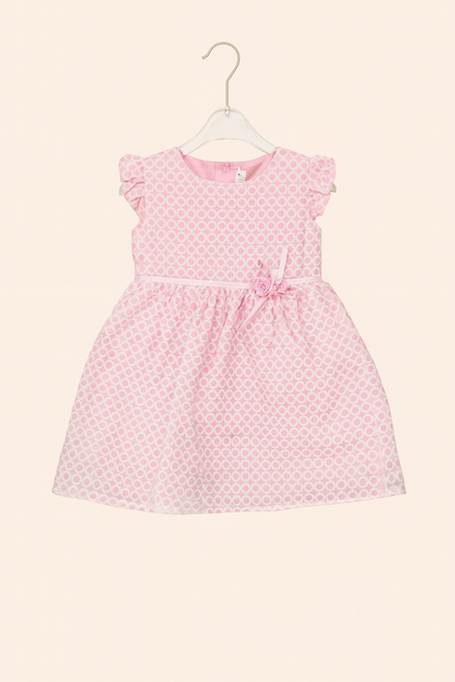 Light Pink Circle Print Casual Frock with Floral Bow Detail