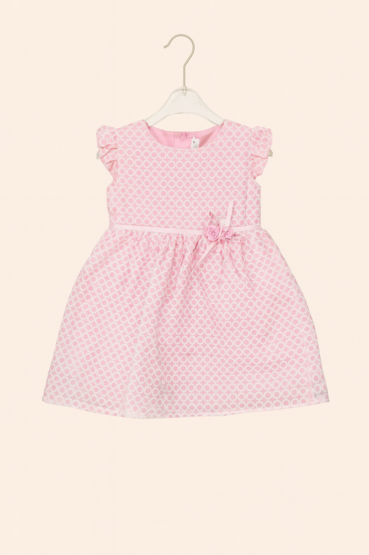 Light Pink Circle Print Casual Frock with Floral Bow Detail