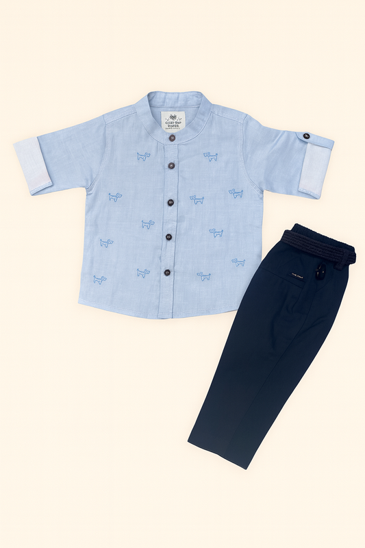 Boys Sky Blue Embroidered Shirt & Pant Set