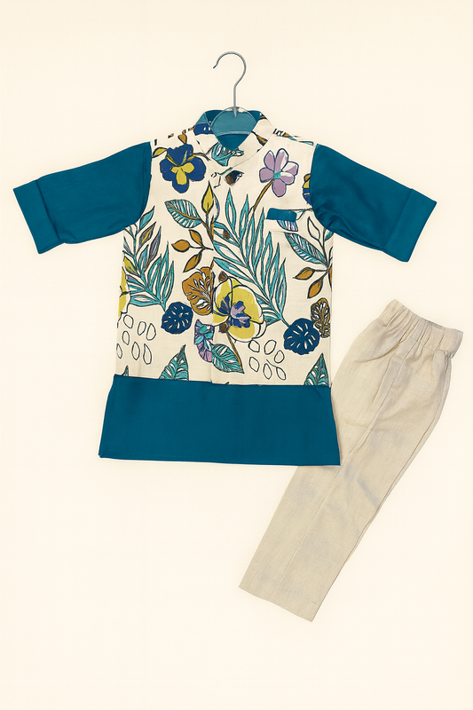 Boys' Floral Print Kurta Set with Nehru Jacket