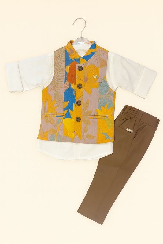 Boys' Cream Kurta with Multicolor Floral Nehru Jacket & Brown Pants Set