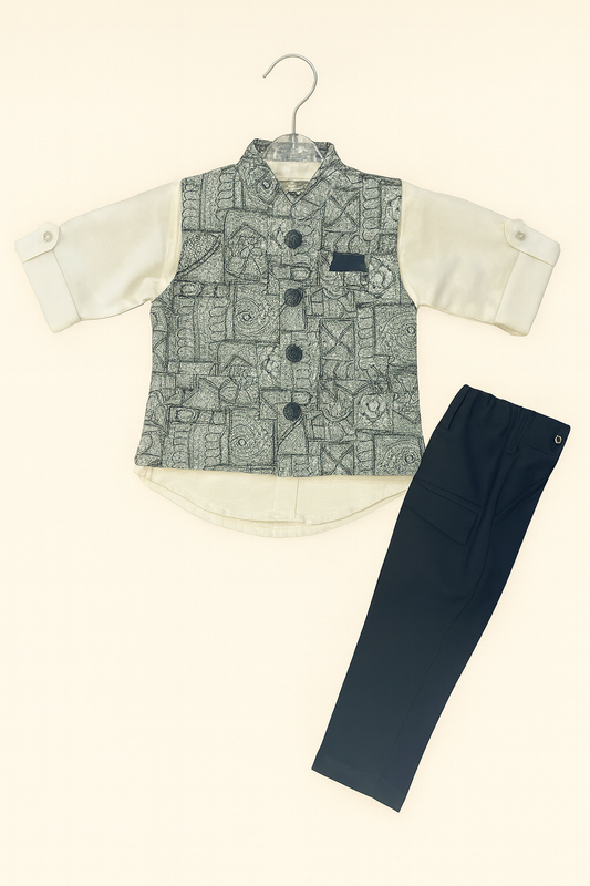 Boys' Cream Kurta with Monochrome Printed Nehru Jacket & Black Pants Set
