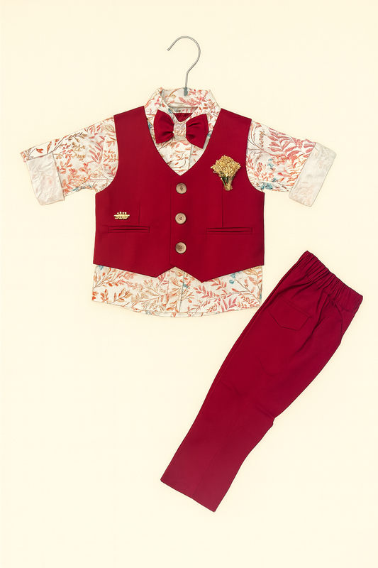 Boys’ Maroon Waistcoat Party Suit Set with Printed Shirt & Bow Tie