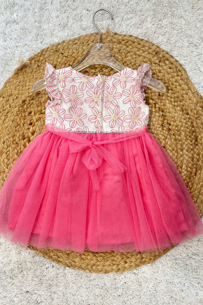 Baby Pink Flower Print Frock with Floral Bow Detail