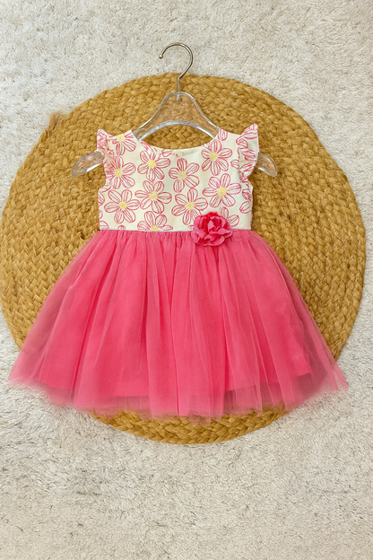 Baby Pink Flower Print Frock with Floral Bow Detail