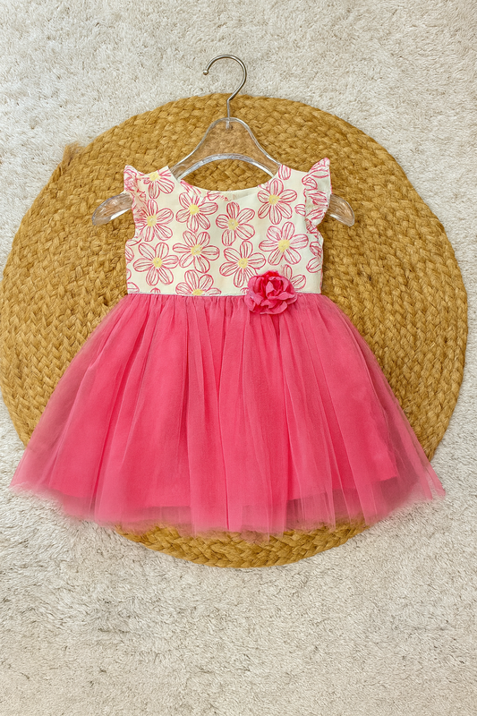 Baby Pink Flower Print Frock with Floral Bow Detail