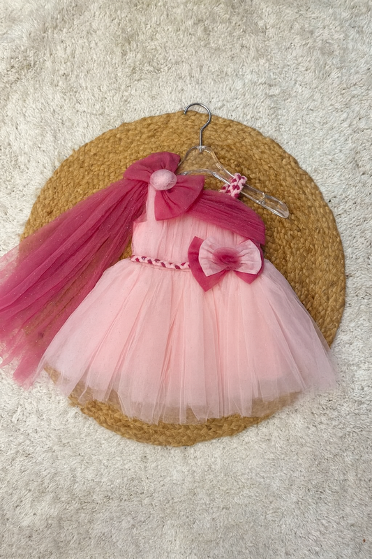 Elegant Pink Shimmer Party Frock with Dupatta & Big Bow Detail