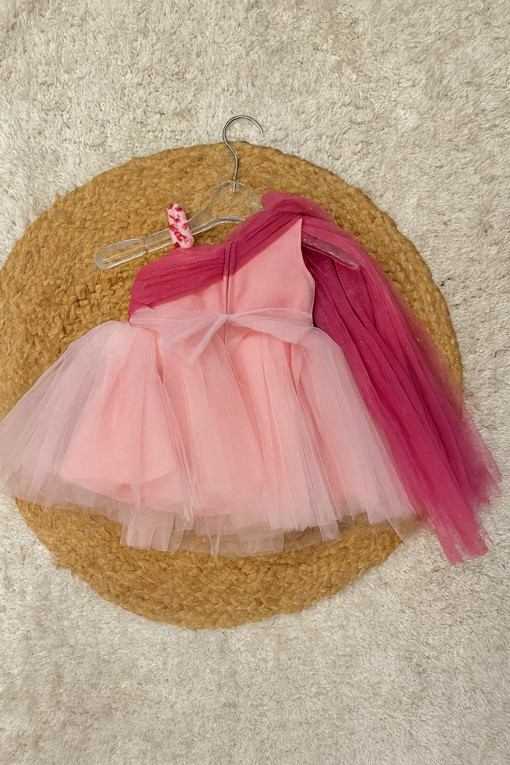 Elegant Pink Shimmer Party Frock with Dupatta & Big Bow Detail