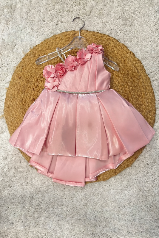 Elegant Pink Satin High-Low Frock with 3D Flower Shoulder