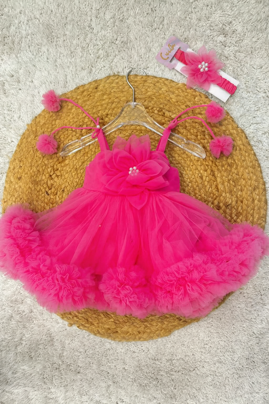 Rani Puffy Tulle Baby Frock with Floral Accents & Headband