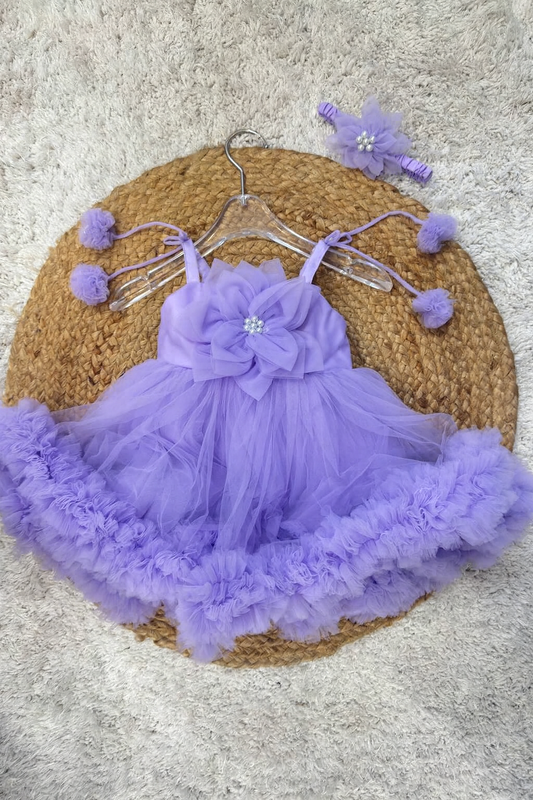 Lilac Puffy Tulle Baby Frock with Floral Accents & Headband