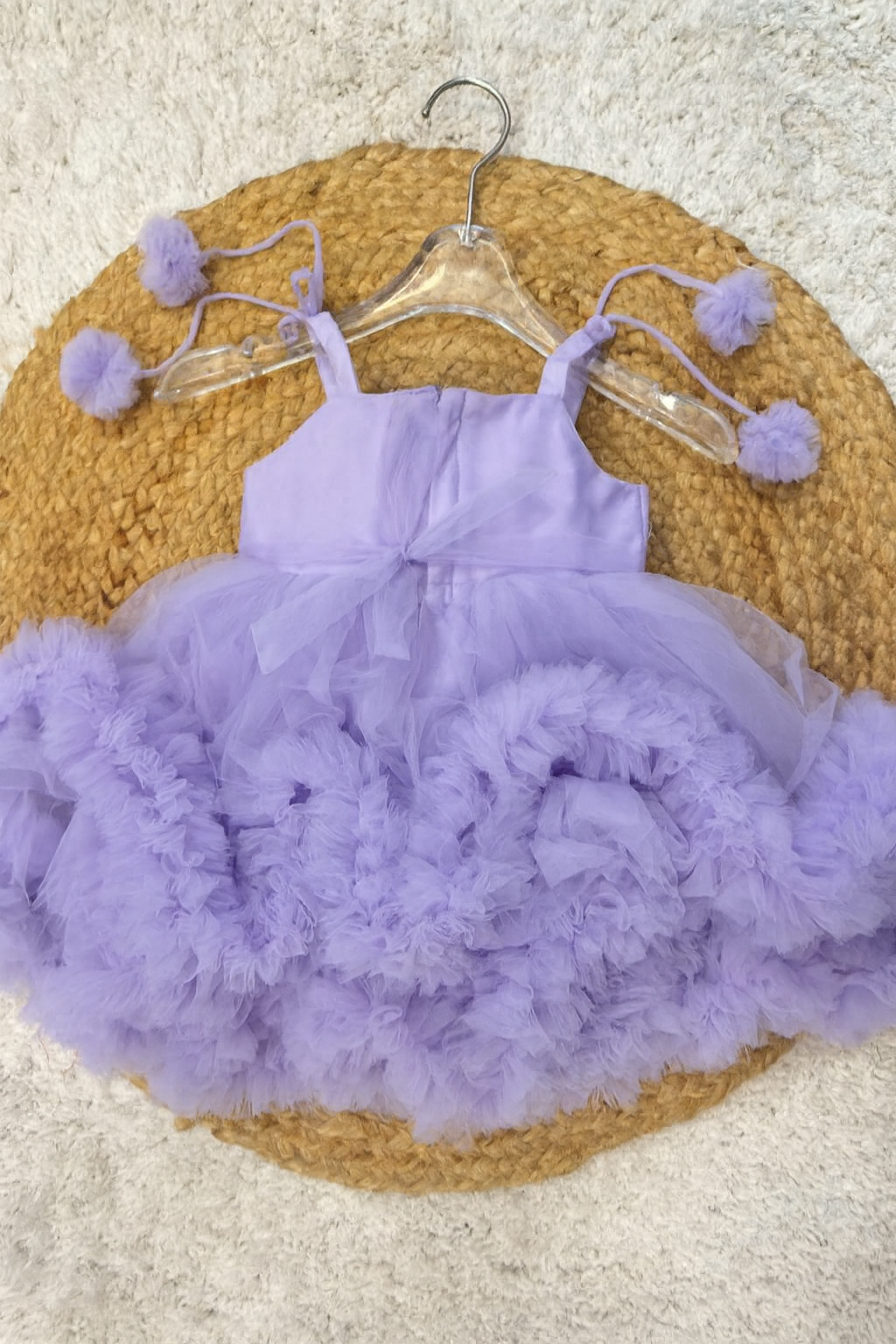 Lilac Puffy Tulle Baby Frock with Floral Accents & Headband