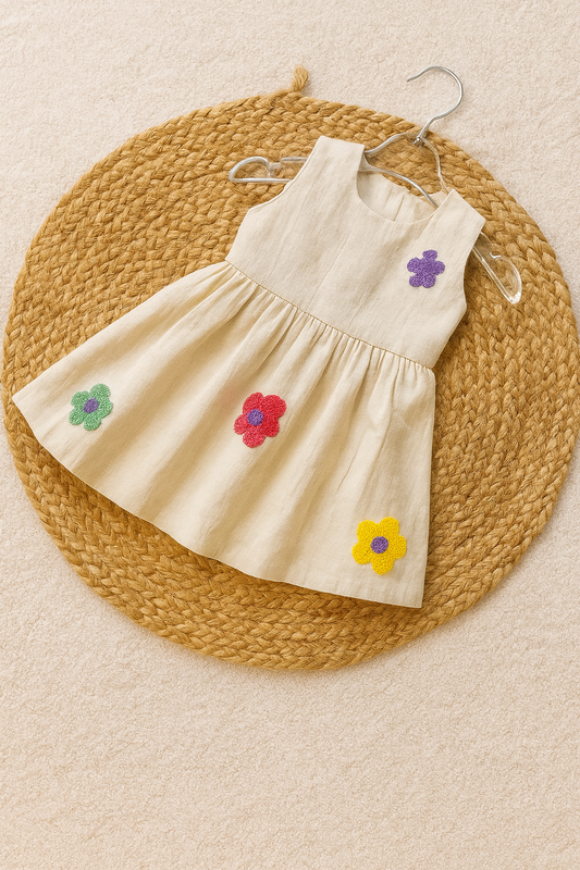 Natural cotton frock with colorful flower appliqués