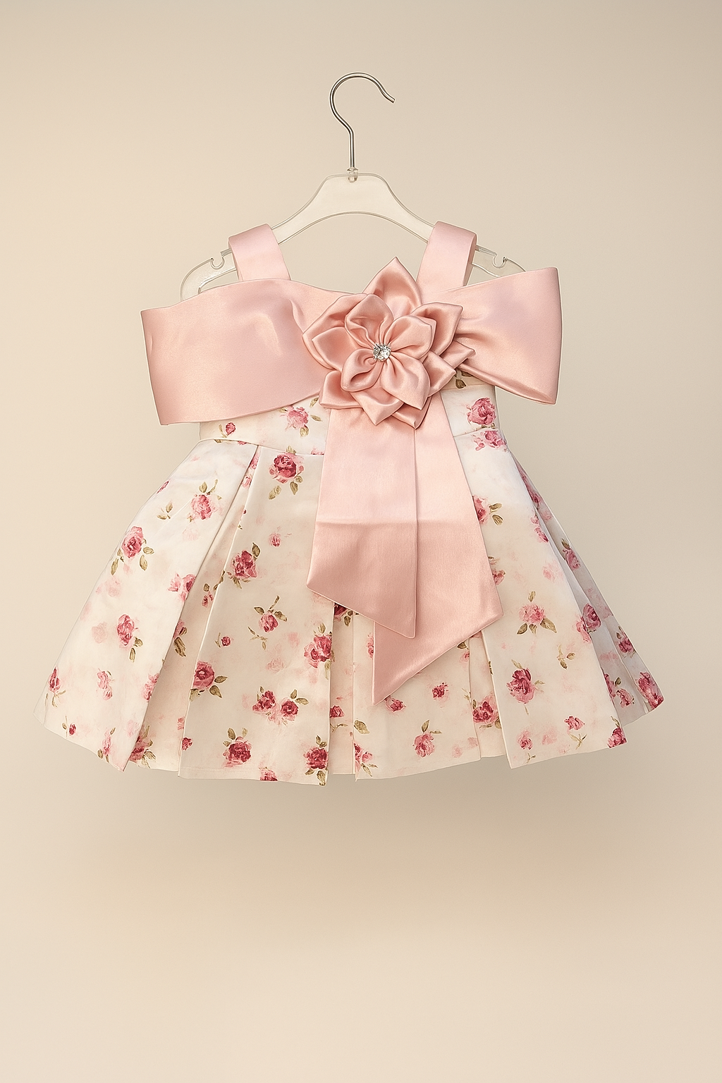 Floral pleated frock with oversized satin bow