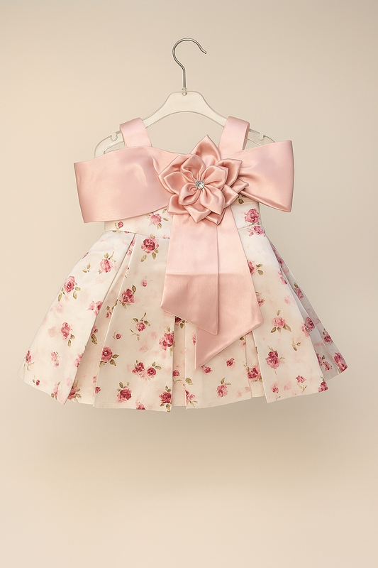 Floral pleated frock with oversized satin bow