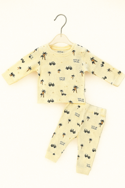 Beige waffle knit night suit with safari print
