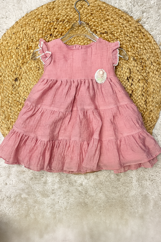 Frilly Cotton Tier Dress with Sequin Patch – Pink & Green