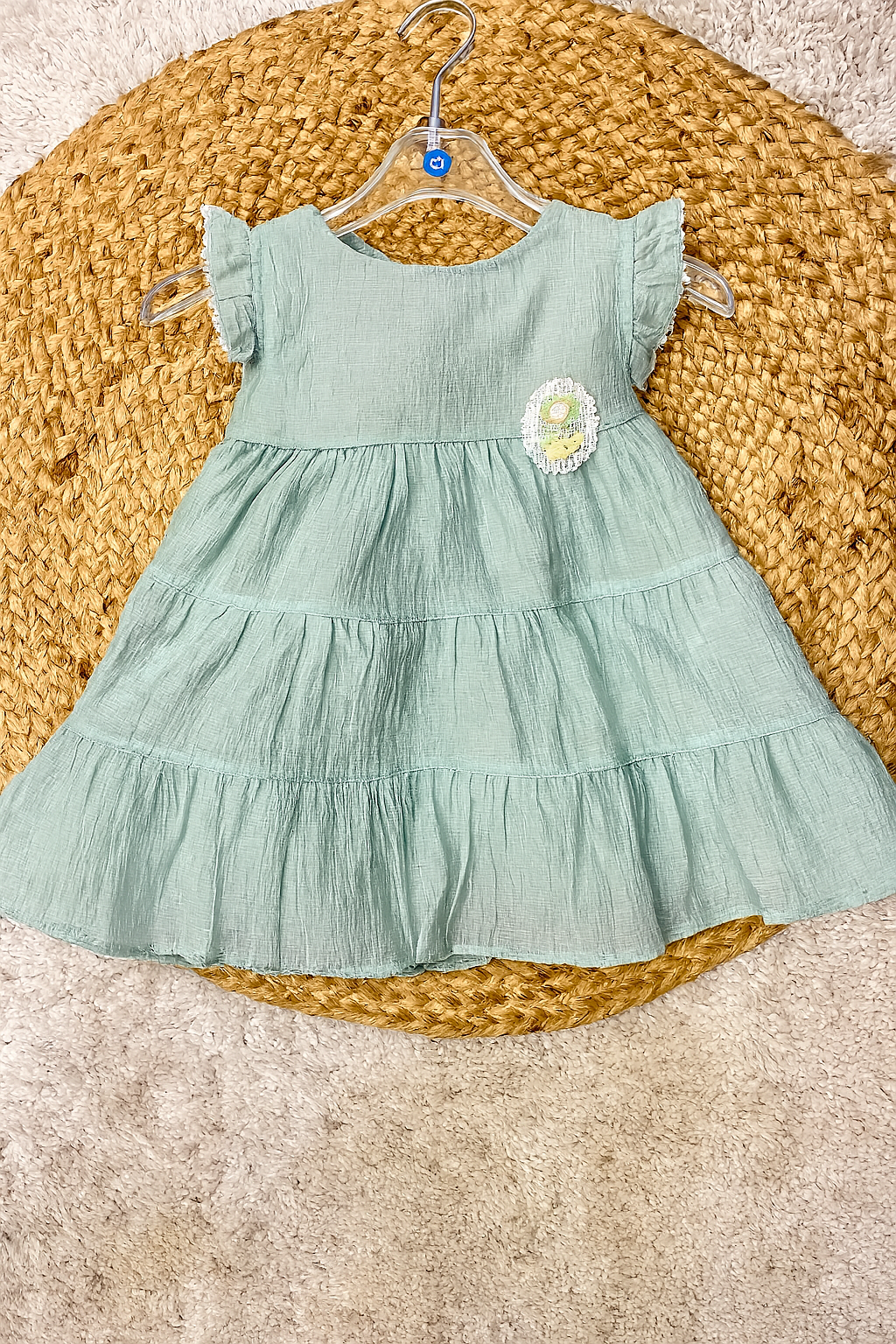 Frilly Cotton Tier Dress with Sequin Patch – Pink & Green