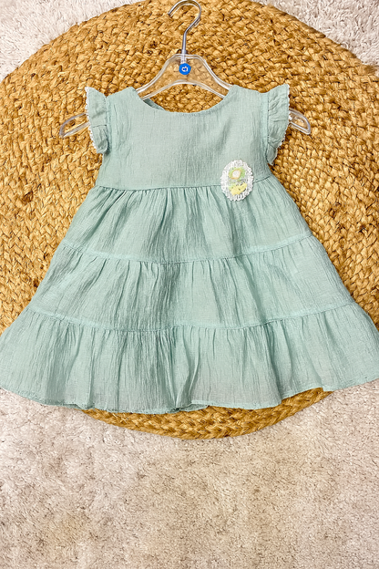 Frilly Cotton Tier Dress with Sequin Patch – Pink & Green