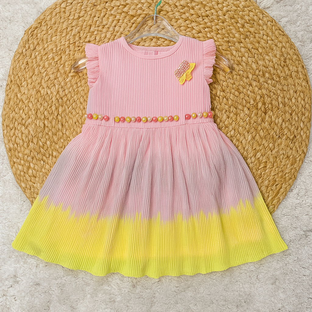 Pink & Yellow Ombre Pleated Dress with Bead Waist