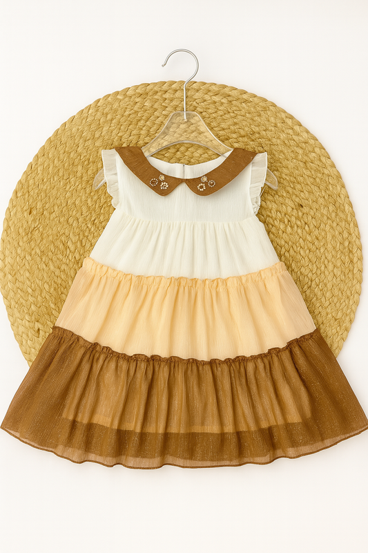 Elegant Brown Layered Frock with Embroidered Collar