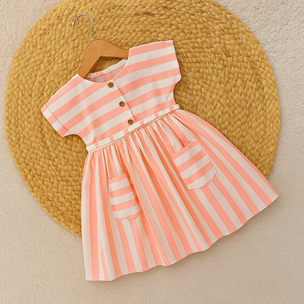 Striped Pattern Frock With Front Pocket Detail