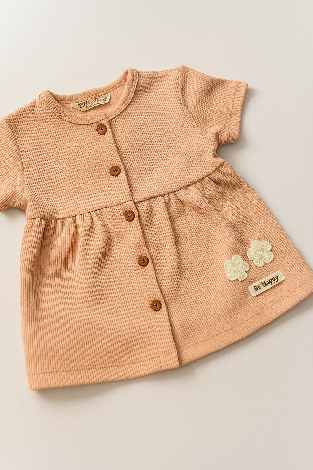 Soft Ribbed Button-Front Frock with Floral Patch