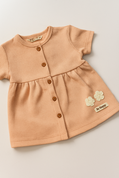 Soft Ribbed Button-Front Frock with Floral Patch