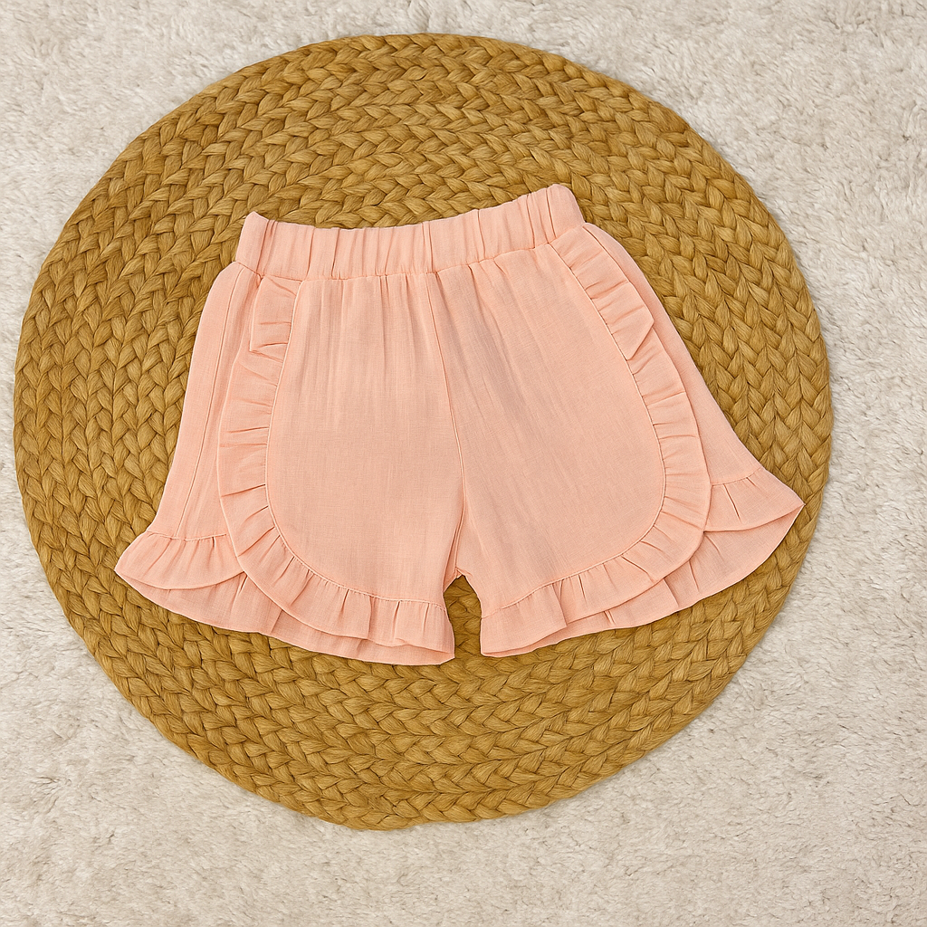 Muslin White Ruffle Top & Peach Shorts Set for Girls