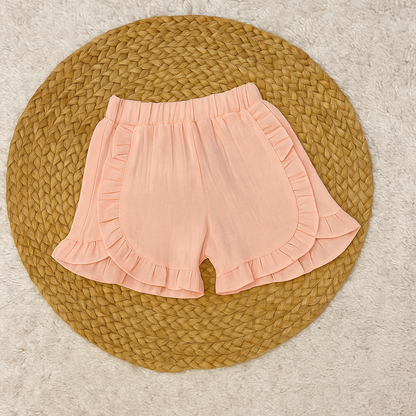 Muslin White Ruffle Top & Peach Shorts Set for Girls