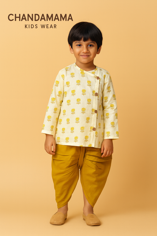 Yellow Floral Print Kurta with Mustard Dhoti Set